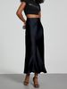 Elegant Satin Midi Skirt For Women - Flowy A-Line Tailored Pencil Skirt With Slit, Breathable Polyester, Office & Evening Wear_ecoleips.com