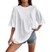 Women's White Short-Sleeved Loose T-Shirt, Round-Neck Half-Sleeved Polyester Glossy Top, Versatile And Elegant_ecoleips.com