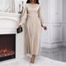 Women's Clothing Waist Loose Long Sleeved Pleated Dress_ecoleips.com