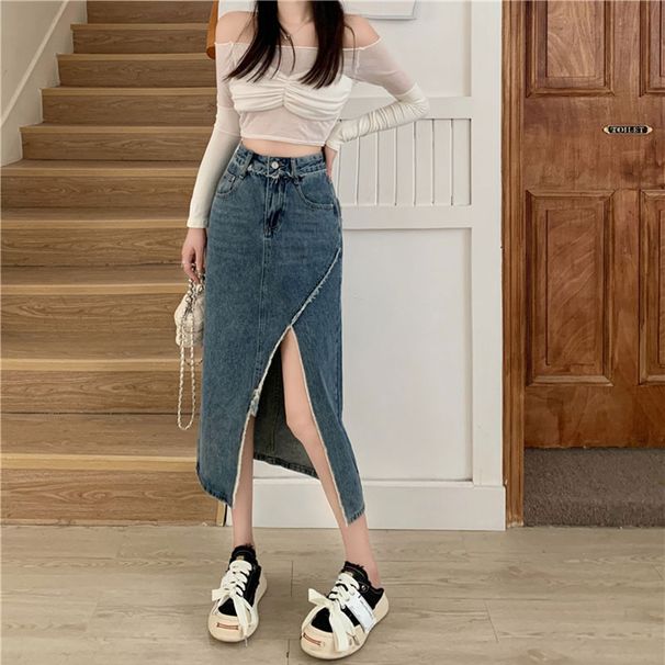 Verve 007 Irregular High Waist Split For Women, INS Style, Mid-Length, Niche Frayed Hem Denim A-Line Skirt_ecoleips.com