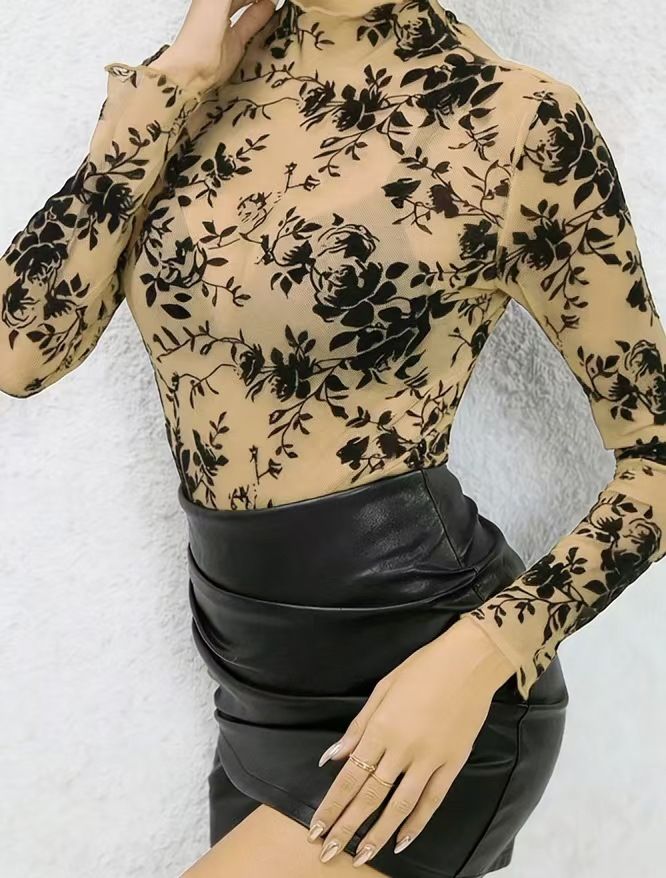 Women's Clothing Navy Blue Flocked Rose Mesh Long Sleeved Top Slim Fit Inner Layer Style For Women For Formal & Casual For Women_ecoleips.com