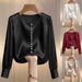 Women's Solid Color Beaded Blouse – Elegant Round Neck Long Sleeve Top For Work & Casual (Black/White/Wine/Beige)_ecoleips.com