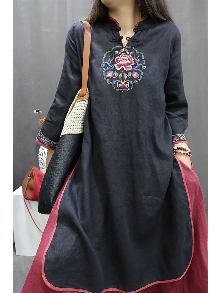 Chinese Cotton-Linen Vintage National Style Dress, Heavy Work Embroidery, Ethnic Summer Loose Skirt, Mid-Length Three-Qu_ecoleips.com