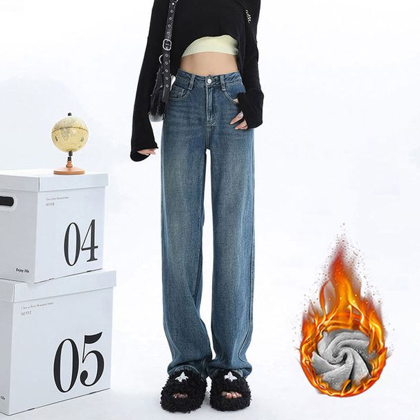 Women's Clothing High-Waisted Fleece Lined Thickened Denim Jeans Warm Wide Leg Slimming Straight Leg Loose Fitting Long Pants For Autumn Winter_ecoleips.com