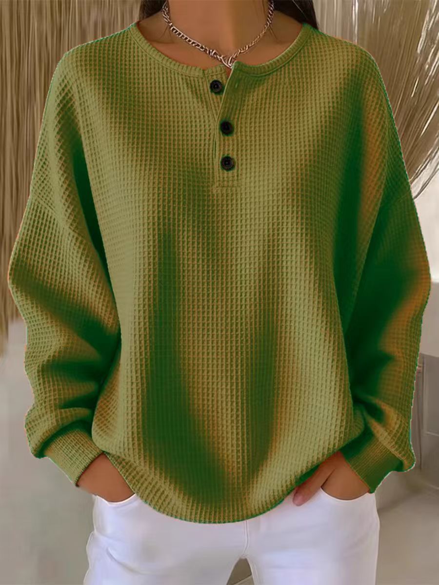Spot Goods Women's Fashionable Round Neck Waffle Knit Pullover Top Solid Color Loose Fit Autumn/Winter New_ecoleips.com