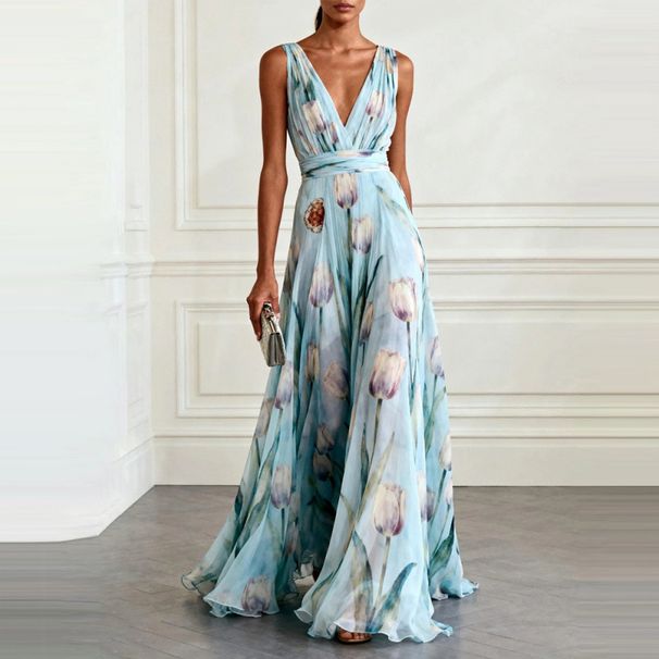 European American Cross-border Women's Blue Tulip Print Dress, Elegant And Flowing, Sleeveless V-neck Chiffon Long Dress_ecoleips.com
