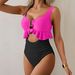 2026 New Women's One-Piece Swimsuit Hollow Out Back Splice Color Sexy Slim High Waist Cross-Border Swimwear Lace Trim_ecoleips.com