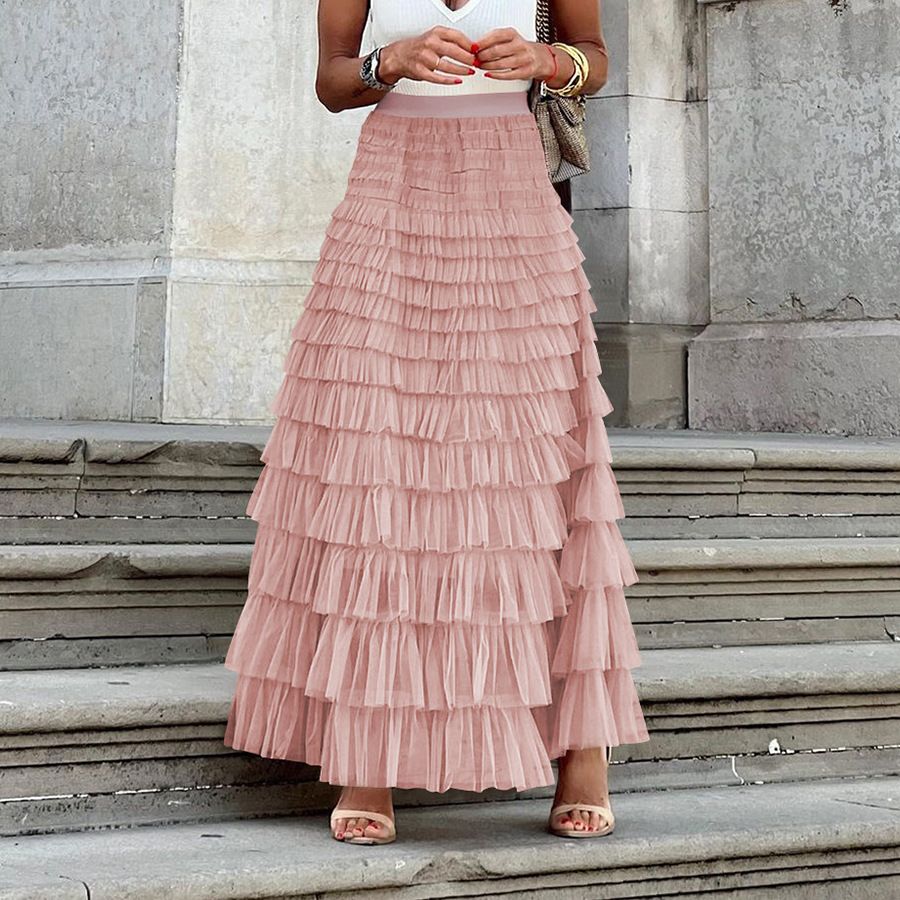 New French long skirt for women autumn European and American temperament elegant solid color high waist mesh cake skirt puffy skirt_ecoleips.com