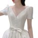 2025 New French Simple V Neck White Satin Light Wedding Dress_ecoleips.com