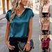 Women's Fashion Satin Top V Neck Short Sleeve Solid Color Spring Summer New Versatile Clothing_ecoleips.com