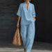 Women's V-Neck Short Sleeve Top Wide Leg Pants Set Two-Piece Casual Comfortable Stretch Fabric Outfit_ecoleips.com