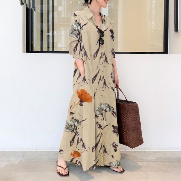 Women's Clothing Cotton And Linen Floral Lapel Long Sleeves Pockets Simple Loose Casual Long Cardigan Dress_ecoleips.com