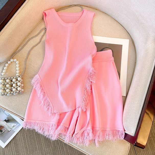 Women's Clothing Sweet and Spicy Style Top Suit Women's Pink Tassel Knitted Small Camisole + High Waist Wide Leg Casual Shorts_ecoleips.com