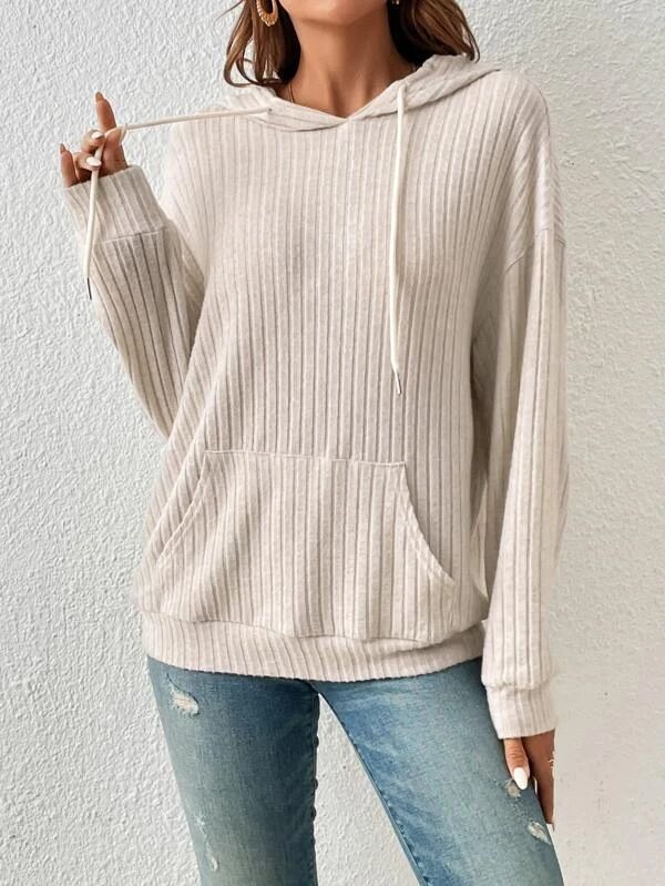 Autumn Women's Knit Cardigan With Hood, Striped Pockets, And Kangaroo-Style Pockets_ecoleips.com
