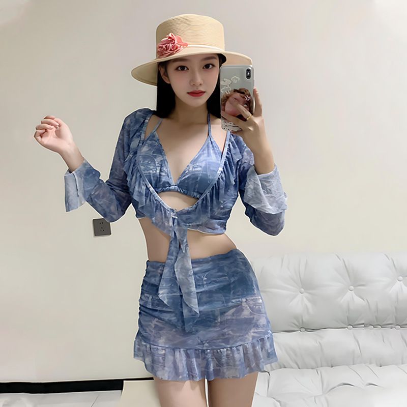 Women's Four Piece Bikini Set Long Sleeved Sun Protective Swimsuit Slimming Sexy White Pure Alluring Two Piece for Vacation_ecoleips.com