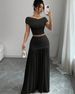 Women's Clothing 2025 Summer New Solid Color Off-Shoulder Top With Waist-Cinching Pleated Patchwork Skirt Two-Piece Set_ecoleips.com
