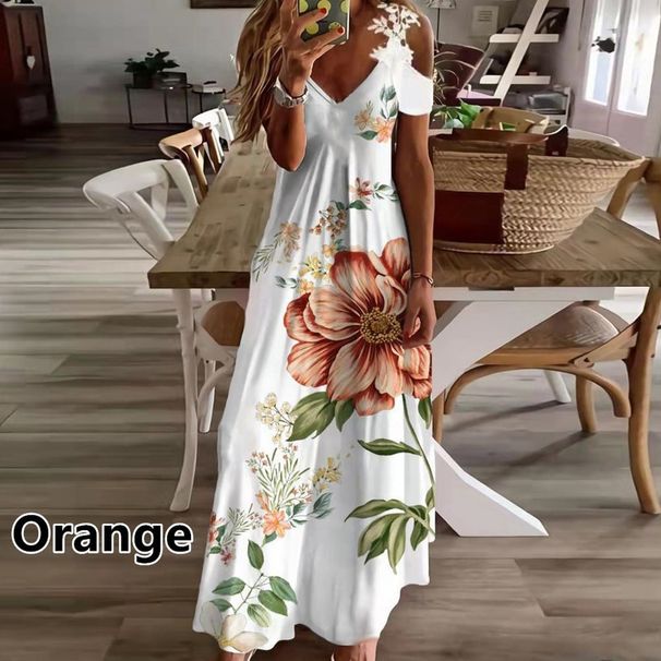 Women's Flowy V-Neck Lace Trim Sling Dress – Breathable Summer Print, Loose Fit & Euro-American Fashion Style_ecoleips.com