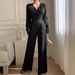 Women's Clothing Women's Elegant Temperament Solid Color Jumpsuit V Neck Long Sleeve Wide Leg Waist Cinching Spring Autumn Style_ecoleips.com