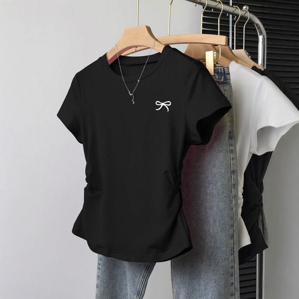 Women's Clothing Women's Slim Fit Round Neck T-Shirt Bow Print Short Sleeved Style Summer Top For Formal & Casual For Women_ecoleips.com