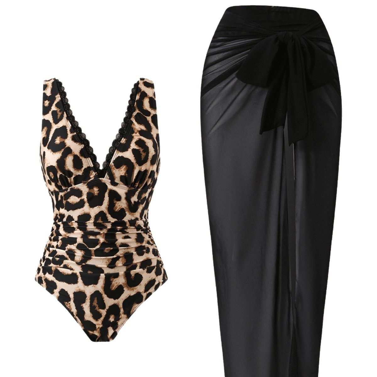 Leopard Print Deep V One Piece Swimsuit Slimming High End Feel Cross Border Export Sexy Beach Set Wrap Skirt for Women_ecoleips.com