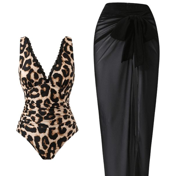 Leopard Print Deep V One Piece Swimsuit Slimming High End Feel Cross Border Export Sexy Beach Set Wrap Skirt for Women_ecoleips.com