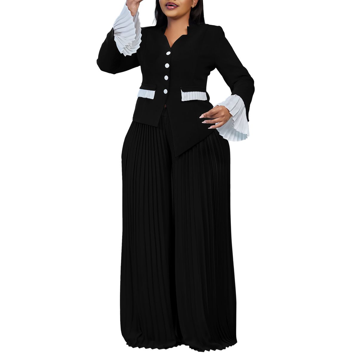 Fashion Women's Trumpet Sleeve Tops Pleated Wide Leg Pants Set Color Matching Two Piece Set_ecoleips.com