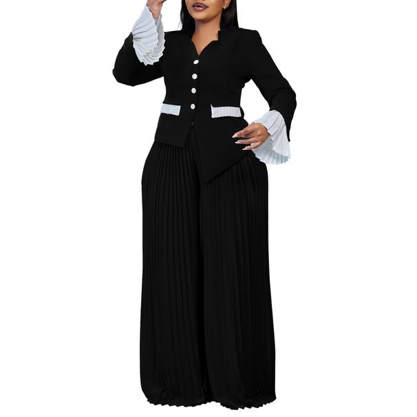 Fashion Women's Trumpet Sleeve Tops Pleated Wide Leg Pants Set Color Matching Two Piece Set_ecoleips.com