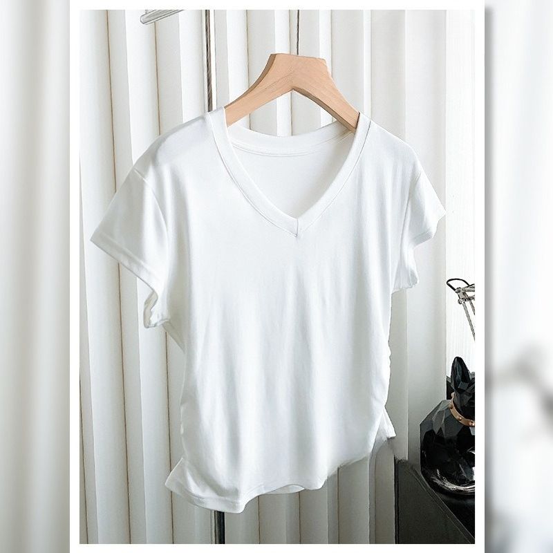 High Quality V-neck Front Shoulder Short-sleeved T-shirt Women's Slim-fit Design Bottoming Shirt Pleated Curved Hem Top_ecoleips.com