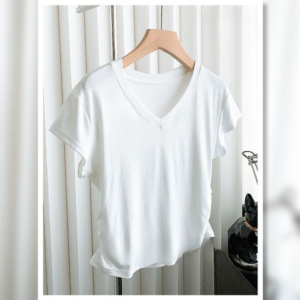 High Quality V-neck Front Shoulder Short-sleeved T-shirt Women's Slim-fit Design Bottoming Shirt Pleated Curved Hem Top_ecoleips.com