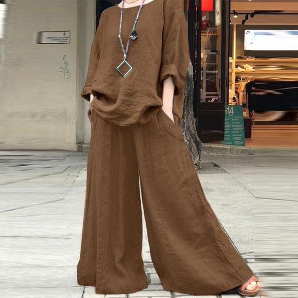 Women's Clothing Casual Loose Solid Color Cotton And Linen Shirt Long Sleeved Pants Suit Two Piece Suit_ecoleips.com