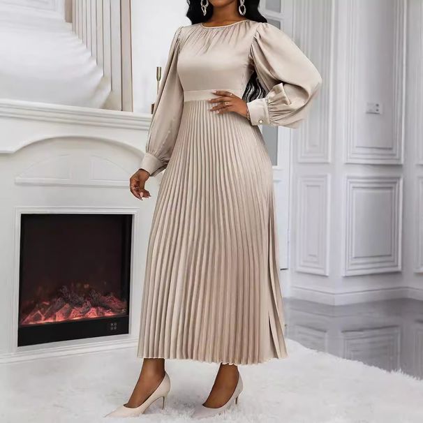 Women's Clothing Waist Loose Long Sleeved Pleated Dress_ecoleips.com