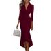 Temperament Elegant Solid Color Long-sleeved V-neck Satin Dress_ecoleips.com