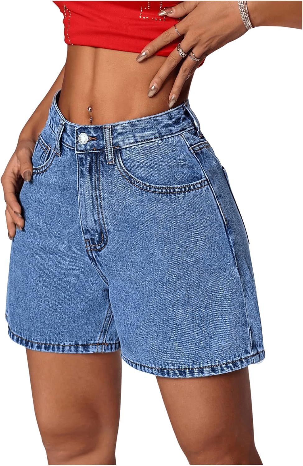 Classic Blue Denim Shorts For Women - Mid-Rise Straight Leg Summer Shorts With Button Detail, Comfort Stretch_ecoleips.com