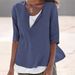 Verve 2025 Spring Summer V-neck Solid Color Cotton Linen Plus Size Mid-sleeve Women's Shirt_ecoleips.com
