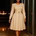 K New Round Neck Long Sleeved High Waisted A-line Dress Elegant Party Solid Color Dress_ecoleips.com