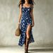 Floral Print Square Neck Slit Midi Dress With Ruffle Trim, Adjustable Spaghetti Strap Sundress For Vacation_ecoleips.com