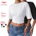 Women's Short Sleeve Top Smocked Waist Flutter Sleeve Cropped Knit Shirt Solid Color Round Neck Blouse_ecoleips.com