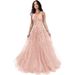 Women’s Clothing Glitter Tulle Ball Gown Women's Lace Applique Long Ball Gown with Spaghetti Straps A Line_ecoleips.com
