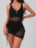 Black Mesh One-Piece Swimsuit With Skirt 2 Piece Set Women V Neck Gold Buckle Tummy Control Bathing Suit Summer Beachwear_ecoleips.com