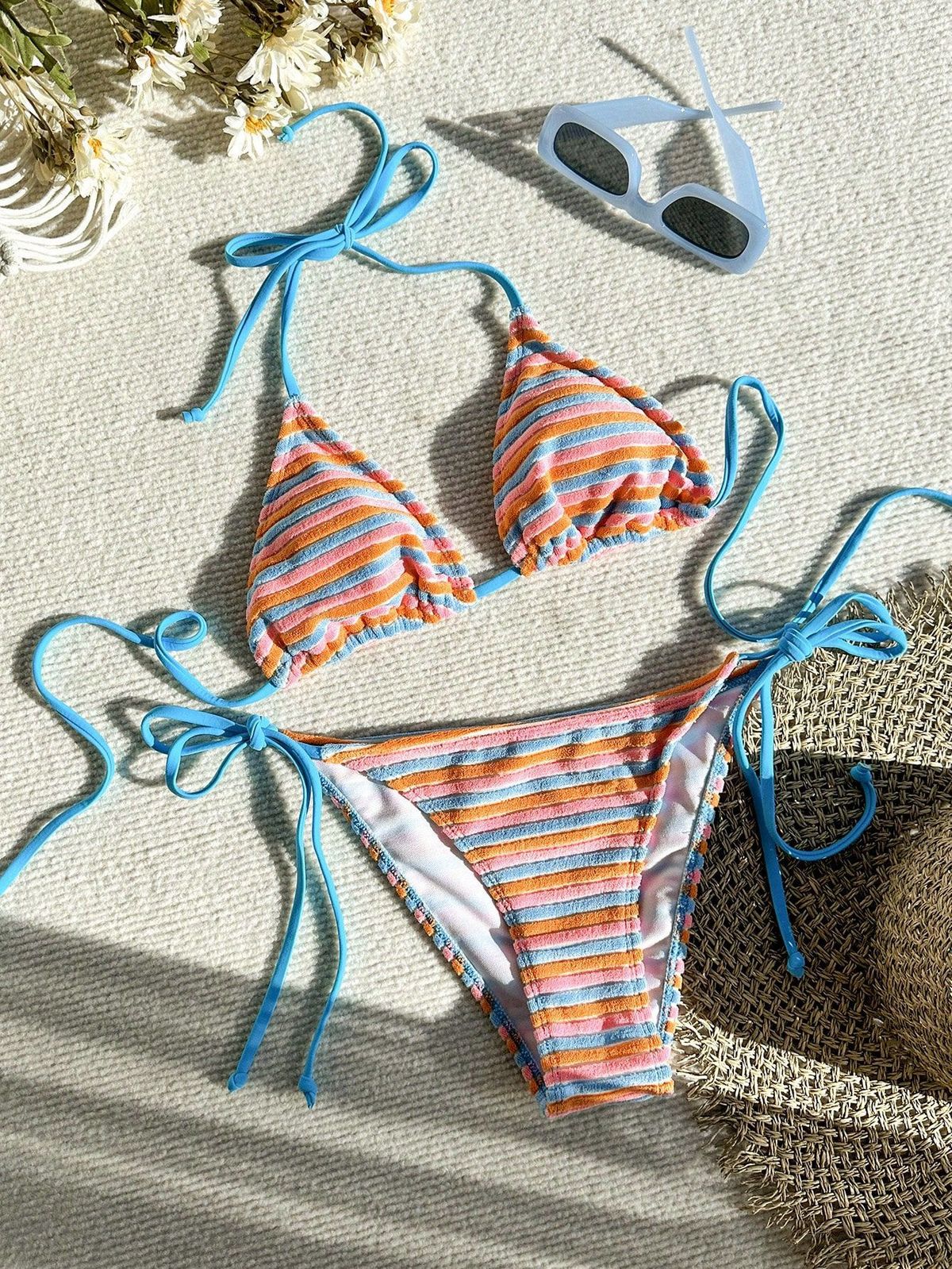 Women's Stripe Print Tie-Front Bikini Set With Removable Padding - Breathable Polyester Swimwear For Beach & Pool (S/M/L/Xl)_ecoleips.com