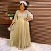 Women’s Clothing evening dress chameleon sprinkled gold powder pleated hot diamond plus cannon beads deep V neck dress_ecoleips.com