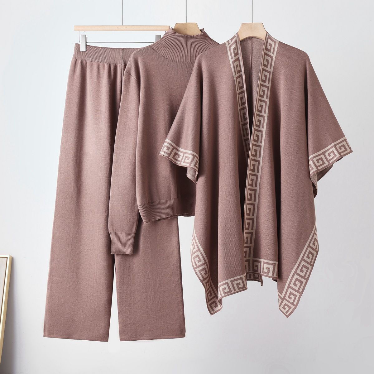Women's Three Piece Set Cross Border Loose Turtleneck Pullover Knit Sweater Shawl Cape Coat Wide Leg Pants 26 Year_ecoleips.com