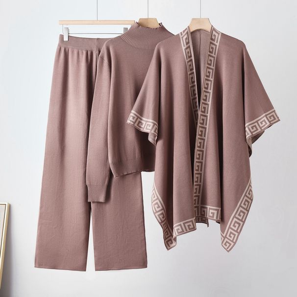Women's Three Piece Set Cross Border Loose Turtleneck Pullover Knit Sweater Shawl Cape Coat Wide Leg Pants 26 Year_ecoleips.com