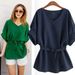 Women's V-neck Short-Sleeved Linen Shirt Batwing Sleeve Loose Fit Casual Cotton Top For Summer_ecoleips.com