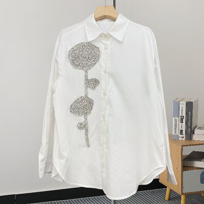 Luxury Beaded Long-Sleeve Blouse – Elegant Floral Diamond Button Shirt For Women (White/Black/Green, S/M/L)_ecoleips.com
