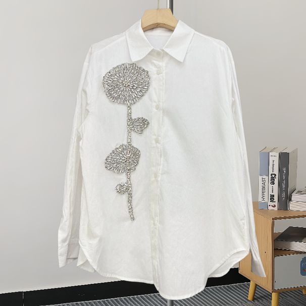Luxury Beaded Long-Sleeve Blouse – Elegant Floral Diamond Button Shirt For Women (White/Black/Green, S/M/L)_ecoleips.com
