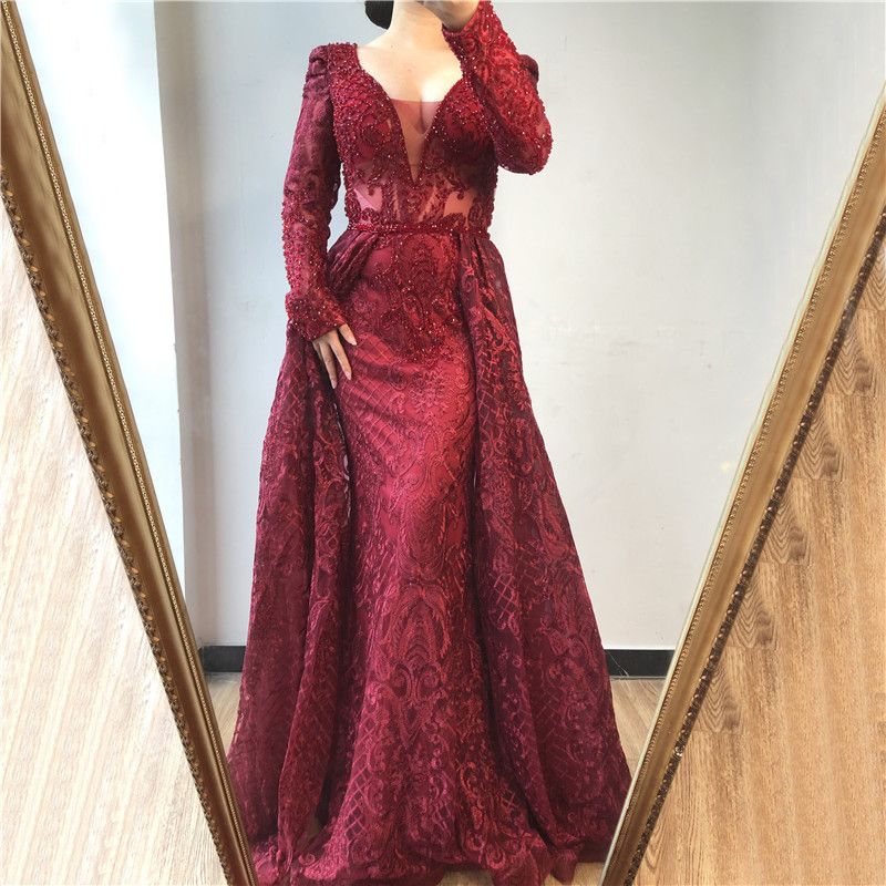 Women's Clothing Wine Red Banquet Dress Long Sleeve Sexy V Neck Fishtail Slim Host Toast Dress_ecoleips.com