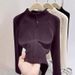 Women's Semi-High Neck Fleece Zip-Up Sweatshirt – Autumn Slim Fit Pullover With Dual Zippers (Purple/Charcoal/Black/Coffee/Beige, S-XL)_ecoleips.com