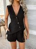 K Casual Solid Color Vacation Style Button Up Cardigan, Vest, Short Pants Set, Women's Clothing_ecoleips.com