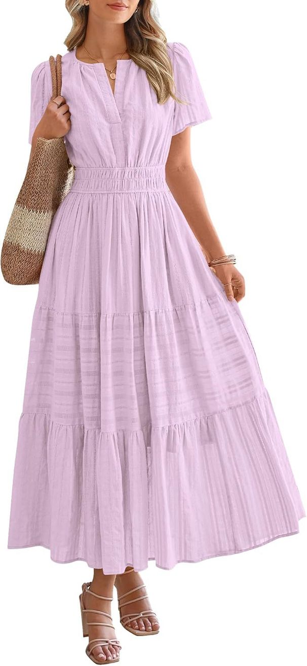 Elegant V Neck Long Dress For Women American Style Summer Waist Cinching Pleated Puff Sleeves Solid Color New 2026_ecoleips.com